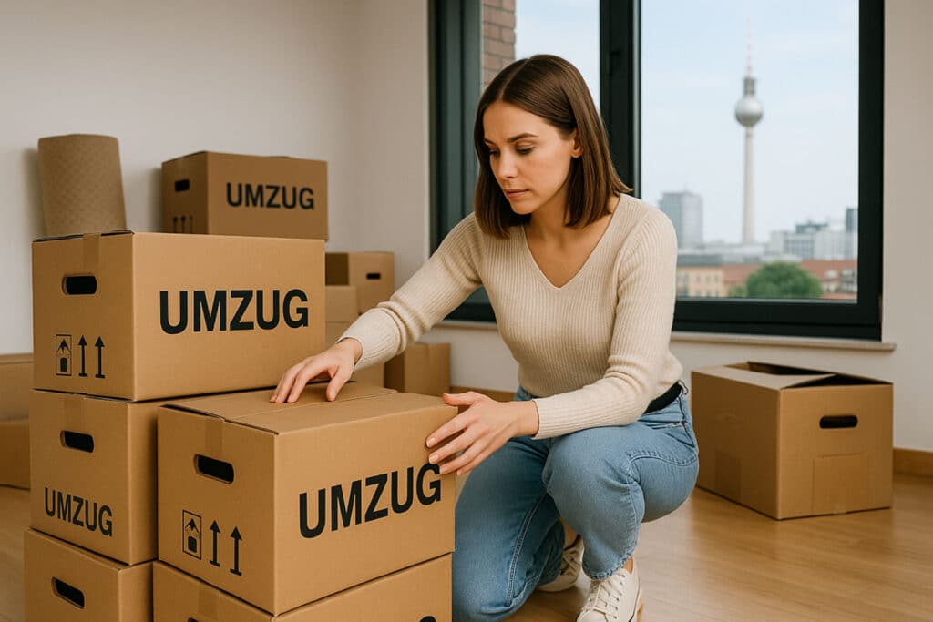 Frau sortiert Umzugskartons für Entrümpelung beim Umzug in Berlin